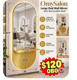 OmySalon Large Oval Salon Wall Mirror with Removable Shelf – Gold – 28” x 69”