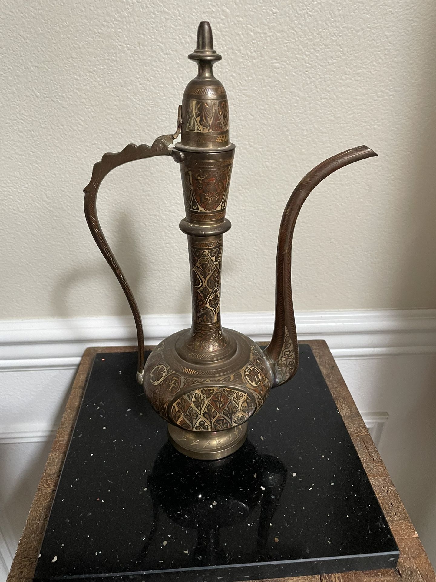 Middle East Vintage Antique Indian Brass Pitcher Coffee Tea Pot 12”T