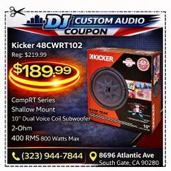 Kicker 48CWRT102 CompRT Series CWRT10 10" Dual Voice Coil Shallow Subwoofer 800 Watts 48CWRT102 🚨 Payment Options Available 🚨 No Credit Needed 🚨 