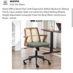 Home Office Desk Chair with Ergonomic Rattan Backrest, Walnut Finish, Faux Leather Seat, Curved Arms, Silent Rolling Wheels, Height Adjustable Compute