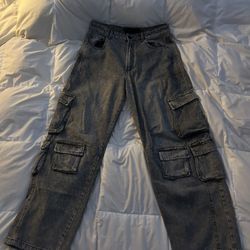 Dark Grey Women Baggy Cargo Jeans 