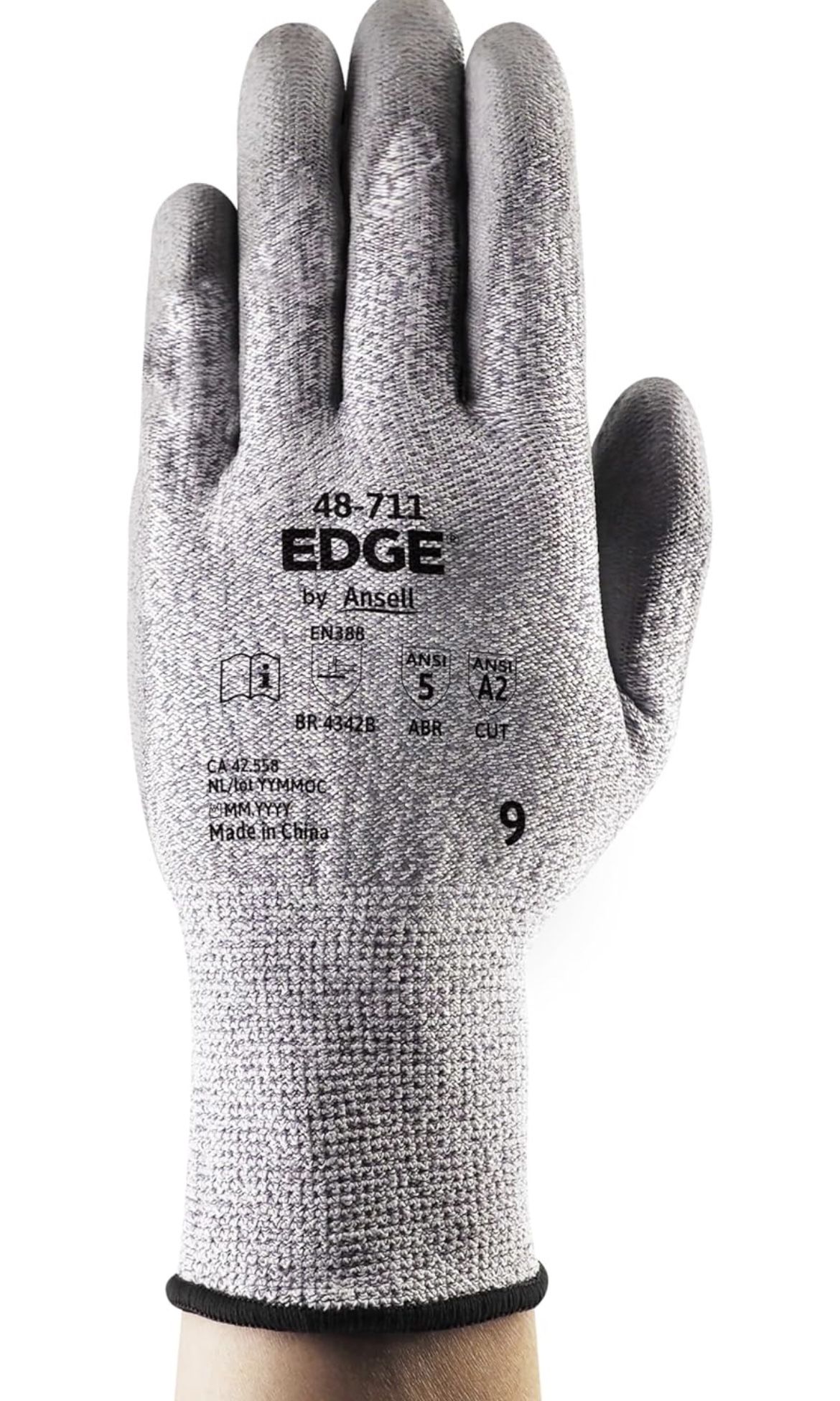 Ansell EDGE 48-711 Polyurethane Cut Resistant Seamless Mechanical Safety Work Gloves for Metal Fabrication, Maintenance, Large (Size 9) Grey (144 Pair