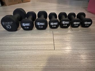 Dumbbells, 10lb single, (2) 5lb, (2) 3lb, (2) 2lb