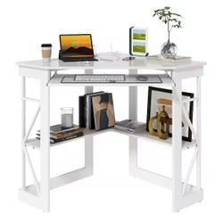 Corner Computer Desk with Built-In Charging Station, Keyboard Tray and Storage Shelves Space-Saving Triangle Table White