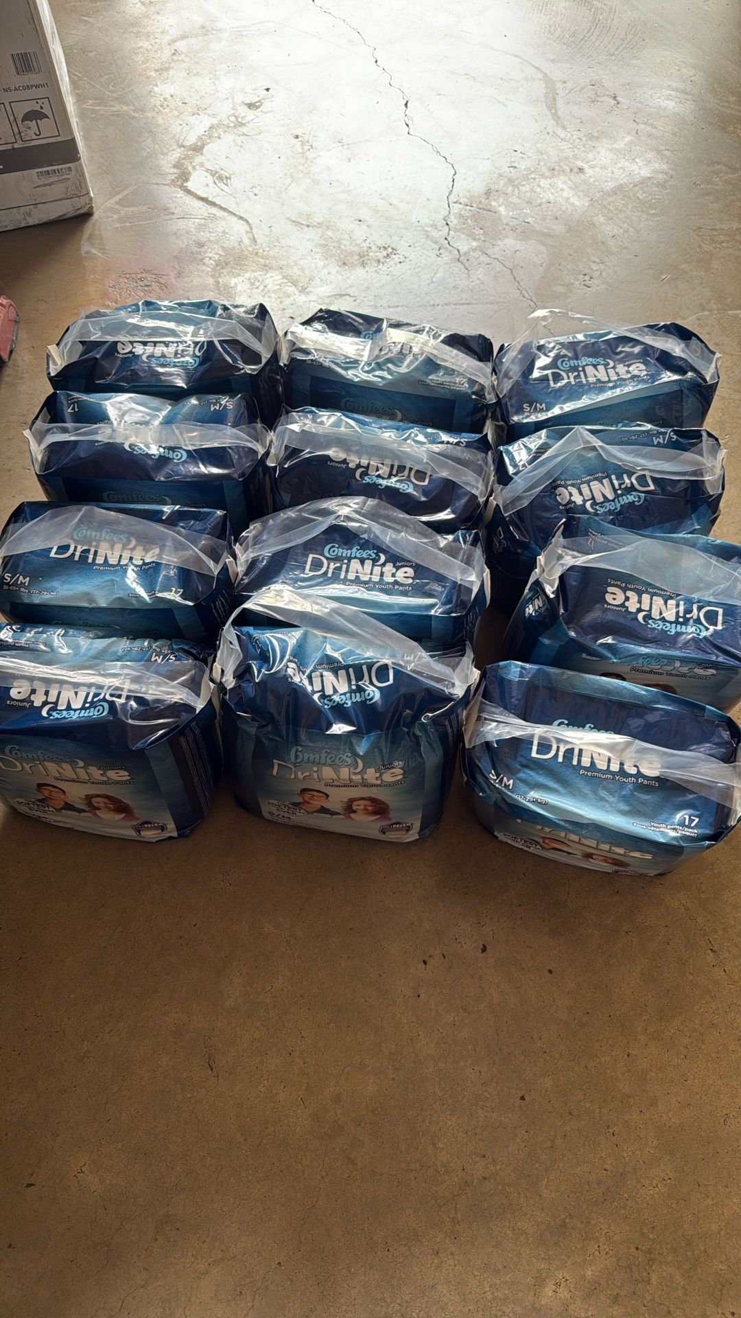 12 Packs Of 17 Comfees Drinite S/M 38 - 65 + Lbs Premium Youth Pants  Asking price is $50.00 Pick up in Powder Springs Ga 