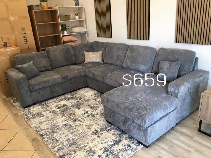XL Sectional Sofa With Pull-out Bed & Storage Grey Or Dark Grey Corduroy Brand New
