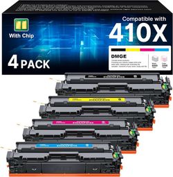 High-yield toner cartridge set includes four cartridges compatible with HP Color LaserJet Pro M452 and MFP M477 series printers. This DMGE brand pack 