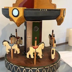 Vintage 1920s wooden carousel toy  beautifully hand carved horses. Please watch video.