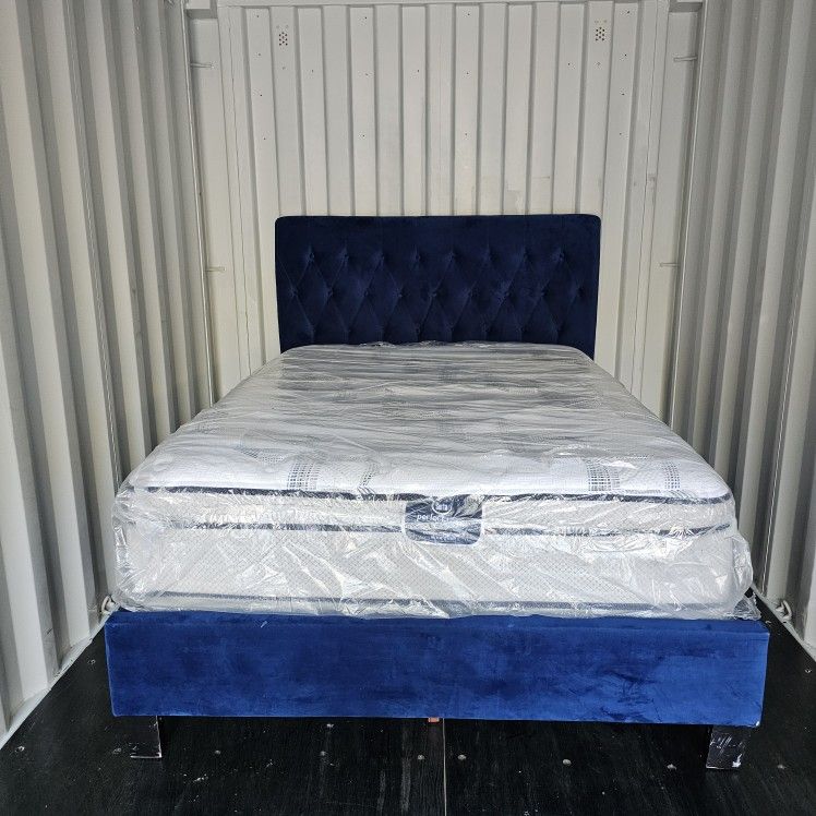 King Size Velvet Bed Frame with Mattress, Tufted Headboard โ Royal Blue