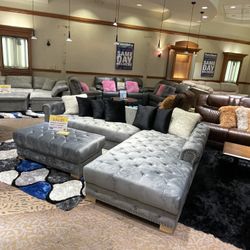 Soft fabric gray sectional and ottoman on sale