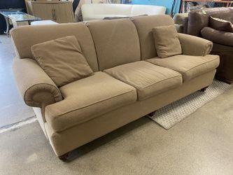 ETHAN ALLEN Tan Fabric 3-Cushion Roll Arm Sofa