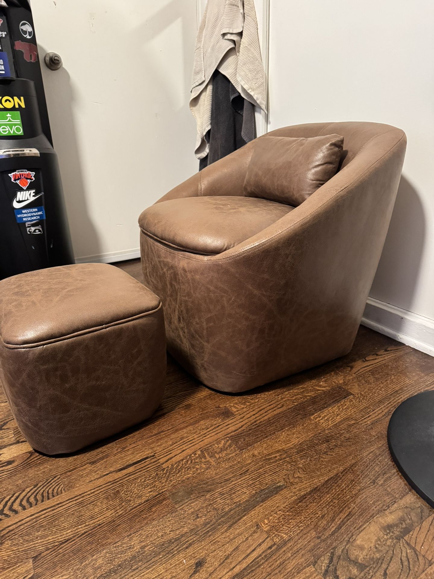 Brown Faux Leather Chair + Ottoman Set