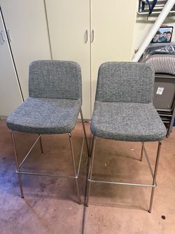 CB2 Gray Upholstered Bar Stools – Chrome Base