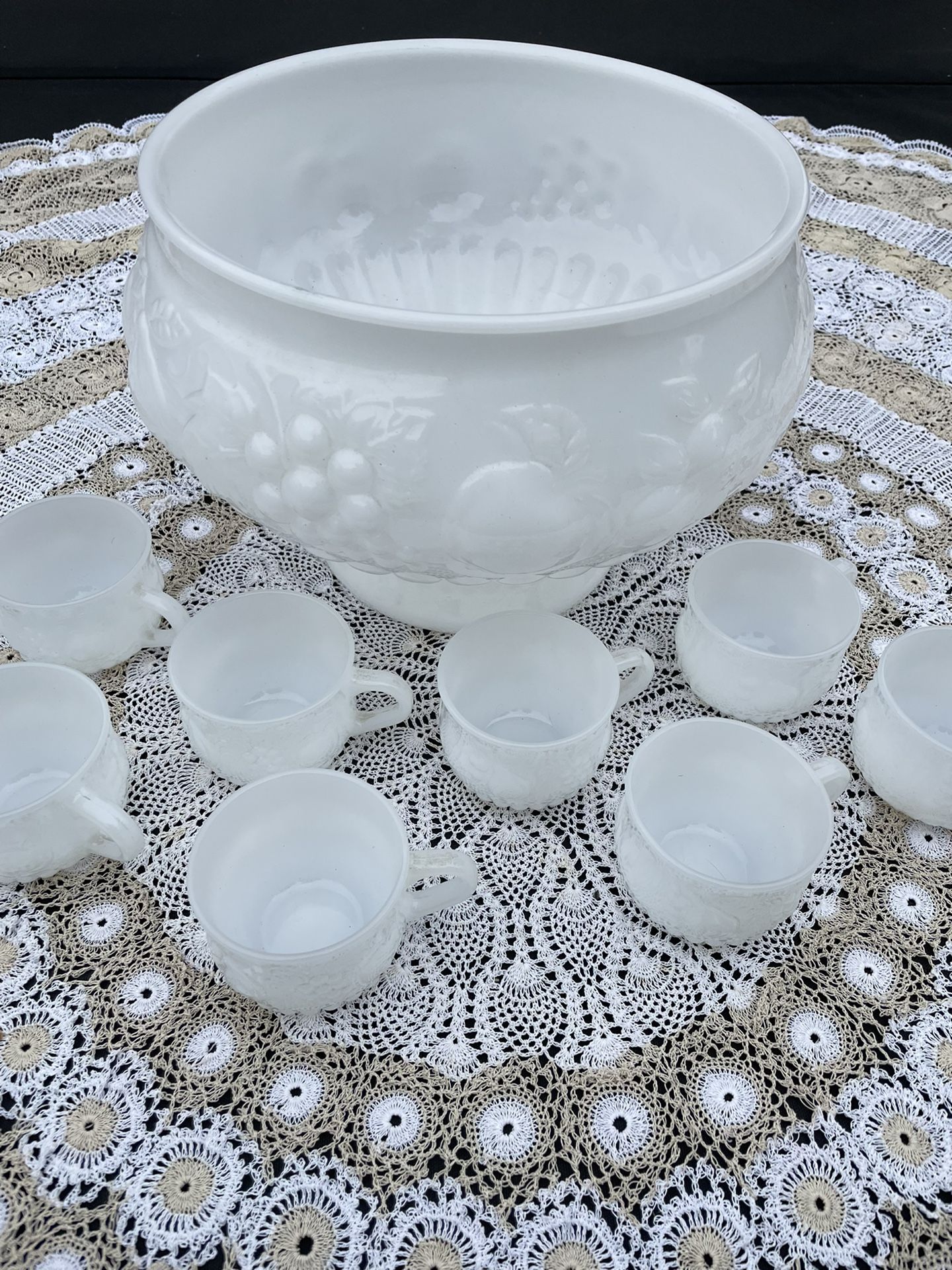 Vintage Milk Glass Punch Bowl And Cups 