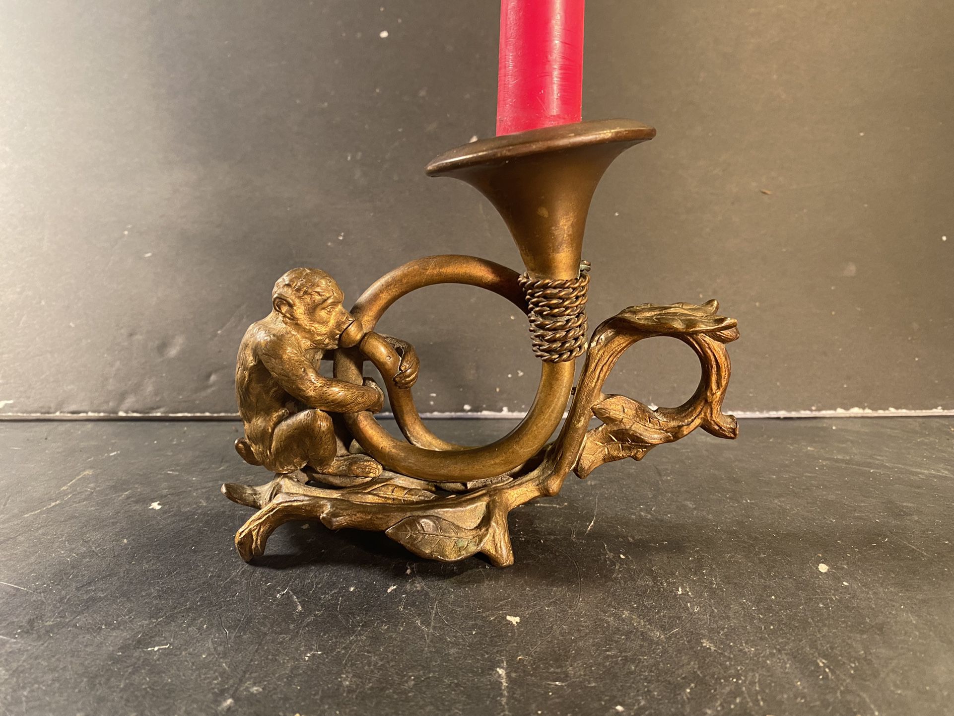Vintage Gold-Bronze Monkey-Playing-Trumpet Candleholder/Candlestick (Height: 4-3/4”)