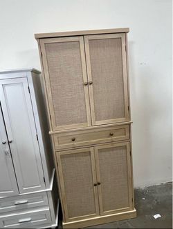 Assembled new 72" Rattan Kitchen Pantry Cabinet, Modern Freestand Wicker Cupboard Tall Wooden Storag