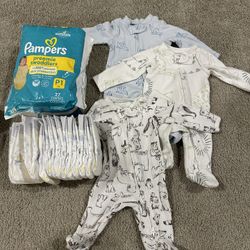 Pampers Preemie Diapers & 3 Zip-up Onesies
