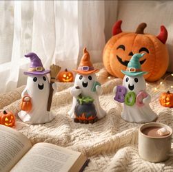 Valery Madelyn Ghosts Halloween Decor Indoor for Home, 3Pcs Resin Halloween Witch Ghost Decorations, Spooky Decor with Witch Hat Broom Boo Poison Elf