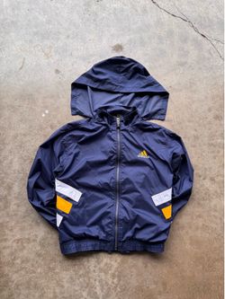 Vintage Adidas Youth Medium Windbreaker Jacket Hooded Navy Yellow White Full Zip