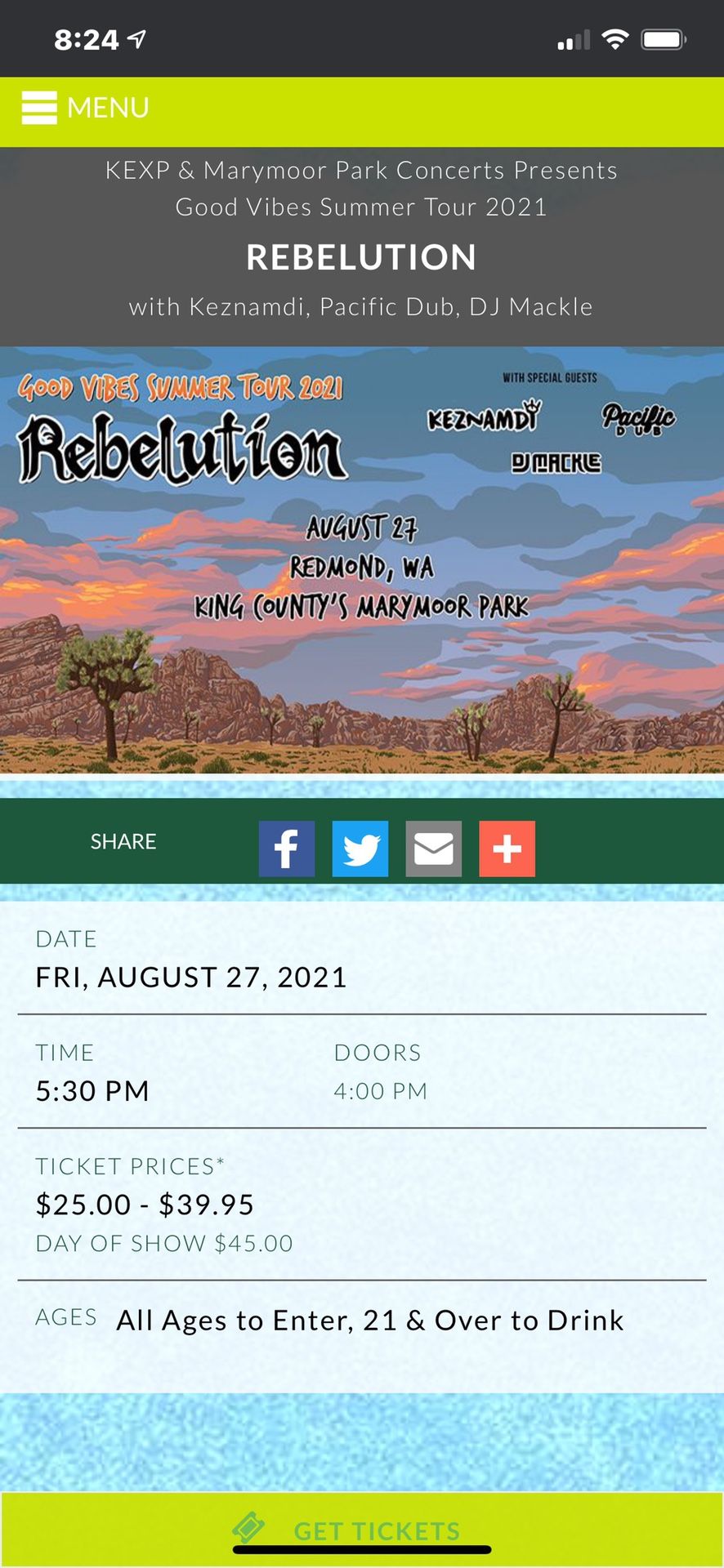 Rebelution Tickets - 8/27/21 - VIP