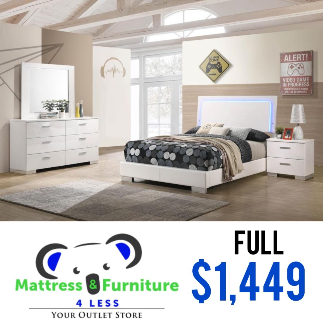 Full Size 4 Piece Bedroom Set LED White High Gloss