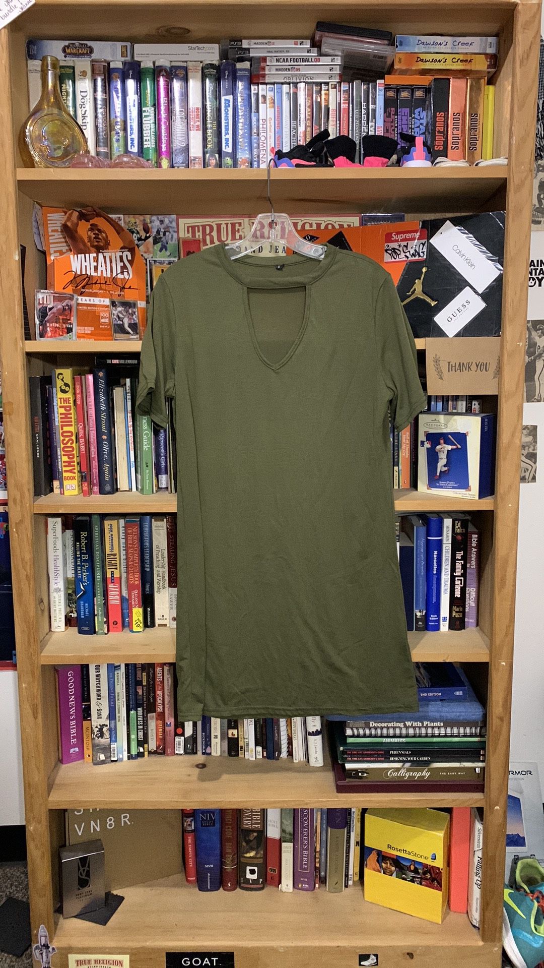SHEIN-women’s army green short sleeve mid-length slip-on shirt dress