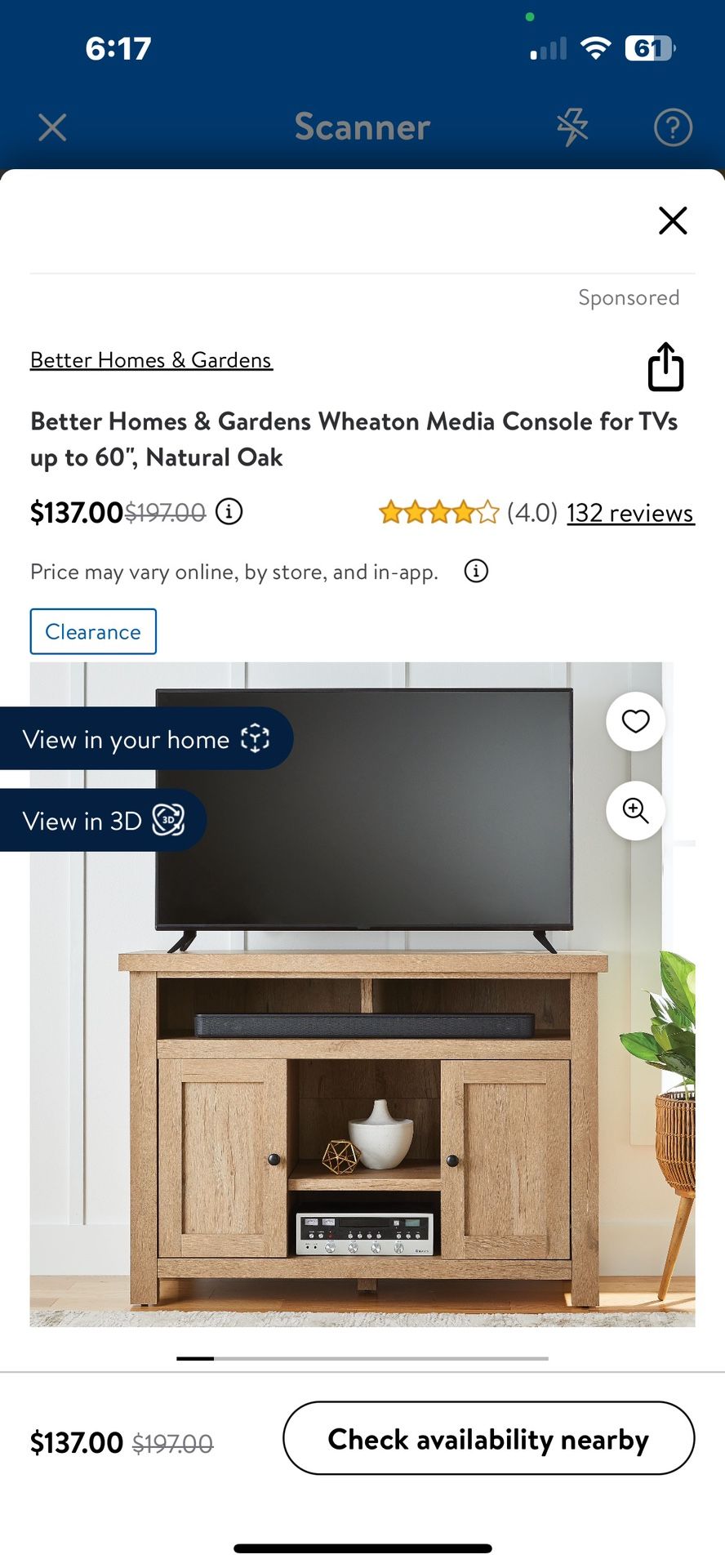 Better Homes & Gardens Wheaton Media Console for TVs up to 60", Natural Oak