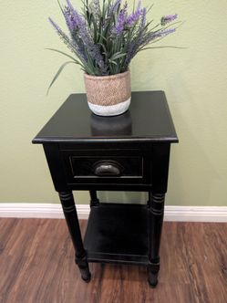 Black Wood End Table with Drawer Plant Stand
