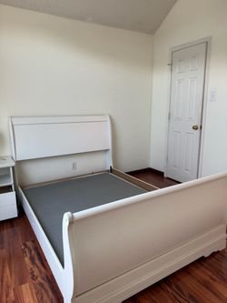 Full Size  Bed. White Nightstand with Drawer and Shelf