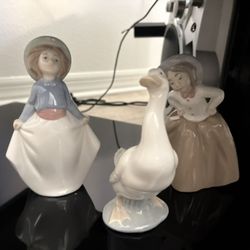 Set of 3 NAO Lladro Girl Picking Up Her Skirt Geese & inquisitive Girl porcelain