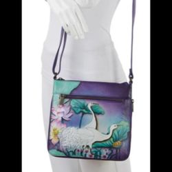 Anuschka Leather  Hand Painted Travel Crossbody~ Purple PEACEFUL GARDEN Egret