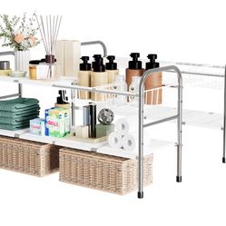 2 Pack Under Sink Organizer, 2 Tier Expandable White Under Cabinet Storage Shelf with 6 Removable Panels and 2 Baskets, Expandable Shelf for Cupboard,