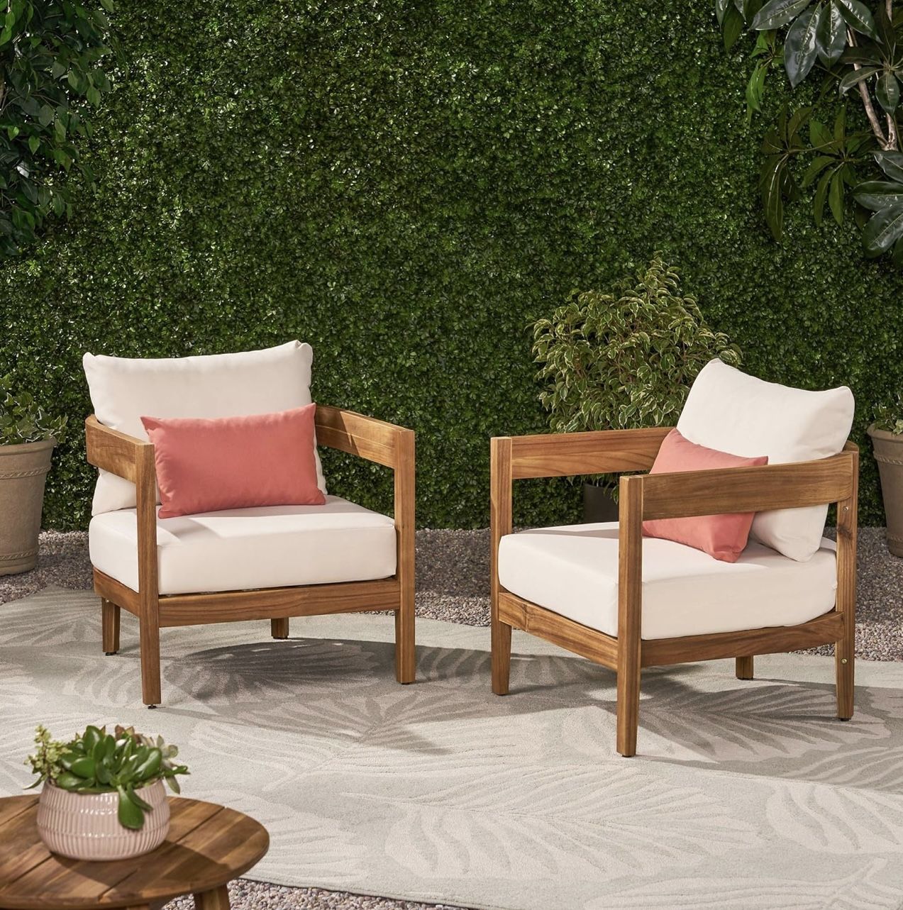 Club Chair with Cushions (Set of 2), Teak Finish, Beige