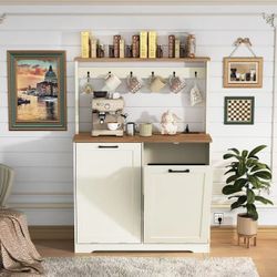 20-Gallon Double Tilt-Out Wooden Garbage Can Organizer with Charging Station, Hooks, Hidden Laundry Basket for Kitchen, Laundry (White)