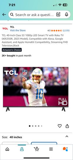 Smart TV TCL 40-Inch Class S3 1080p LED Smart TV with Roku TV (40S350R, 2023 Model), Compatible with Alexa, Google Assistant, and Apple HomeKit Compat