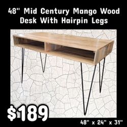NEW 48" Mid Century Mango Wood Desk With Hairpin Legs: Njft 