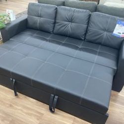 New Black Faux Leather Sofa Couch With Pull Out Bed 