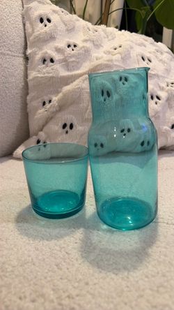 Teal Glass Carafe and Cup Set