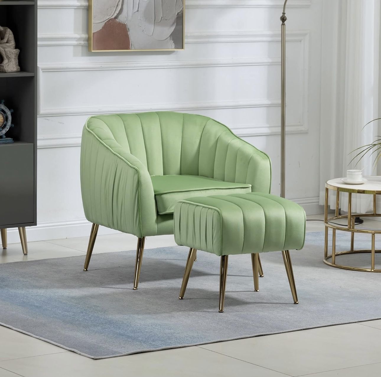 Velvet Accent Sofa Chair with Ottoman,Comfy Living Room Chair Lounge Barrel Chair W/ Adjustable legs