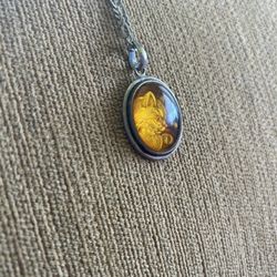 Vintage Sterling Silver & Amber Necklace 