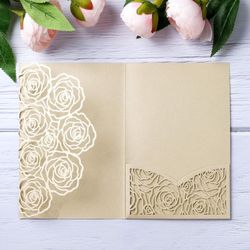 Rodvanvo Laser Cut Rose Invitation Holders with Pocket Champagne Pack of 17