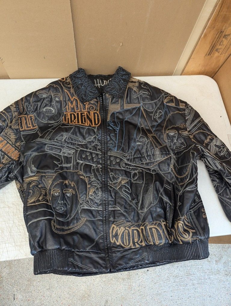 Scarface Hind Embroidered Black Leather Jacket 3XL