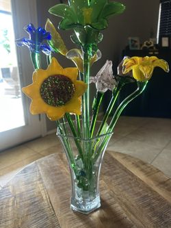 9 Long Stem Vibrant Glass Art Flowers, Could be Murano- very well made