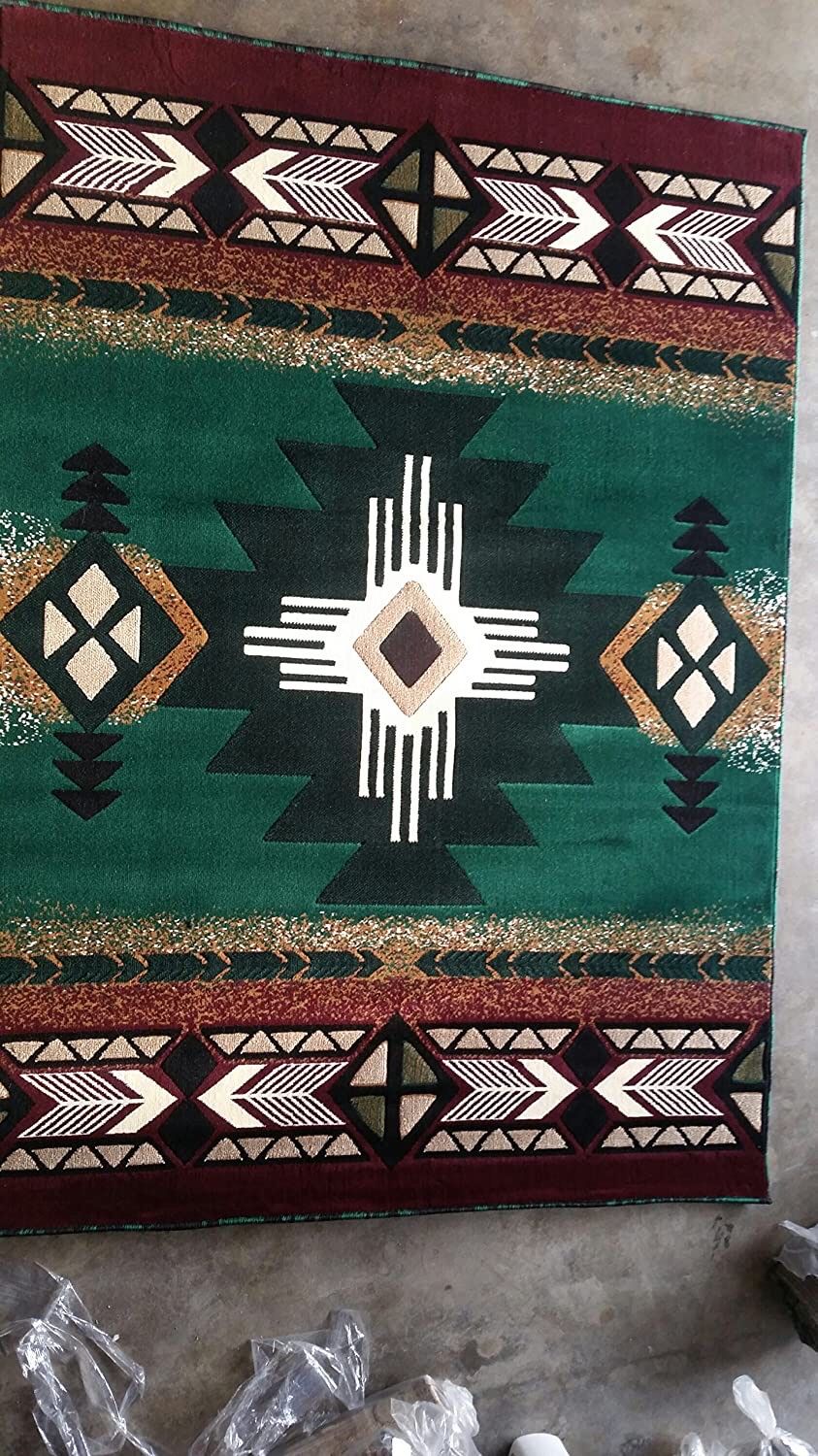 Hunter Green Color Native Southwestern Style Design Rug...