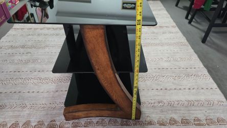 3-Tier Black Glass TV Stand with Wood Base