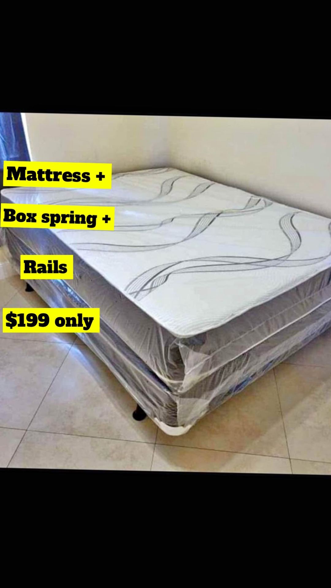 Mattress + Box Spring + Metal Rails $199 Only 