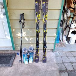 150 Cm Salomon Powder Skis Nordica Boots  26.5Poles 