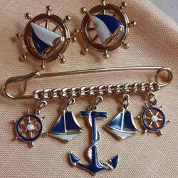 Circa 1980 SAILBOAT NAUTICAL CHARM SAFETY PIN & EARRINGS