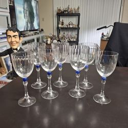 Vintage French Luminarc High Quality Crystal Stemware Cortina Blue Ribbed Wine Glasses, Set Of 7