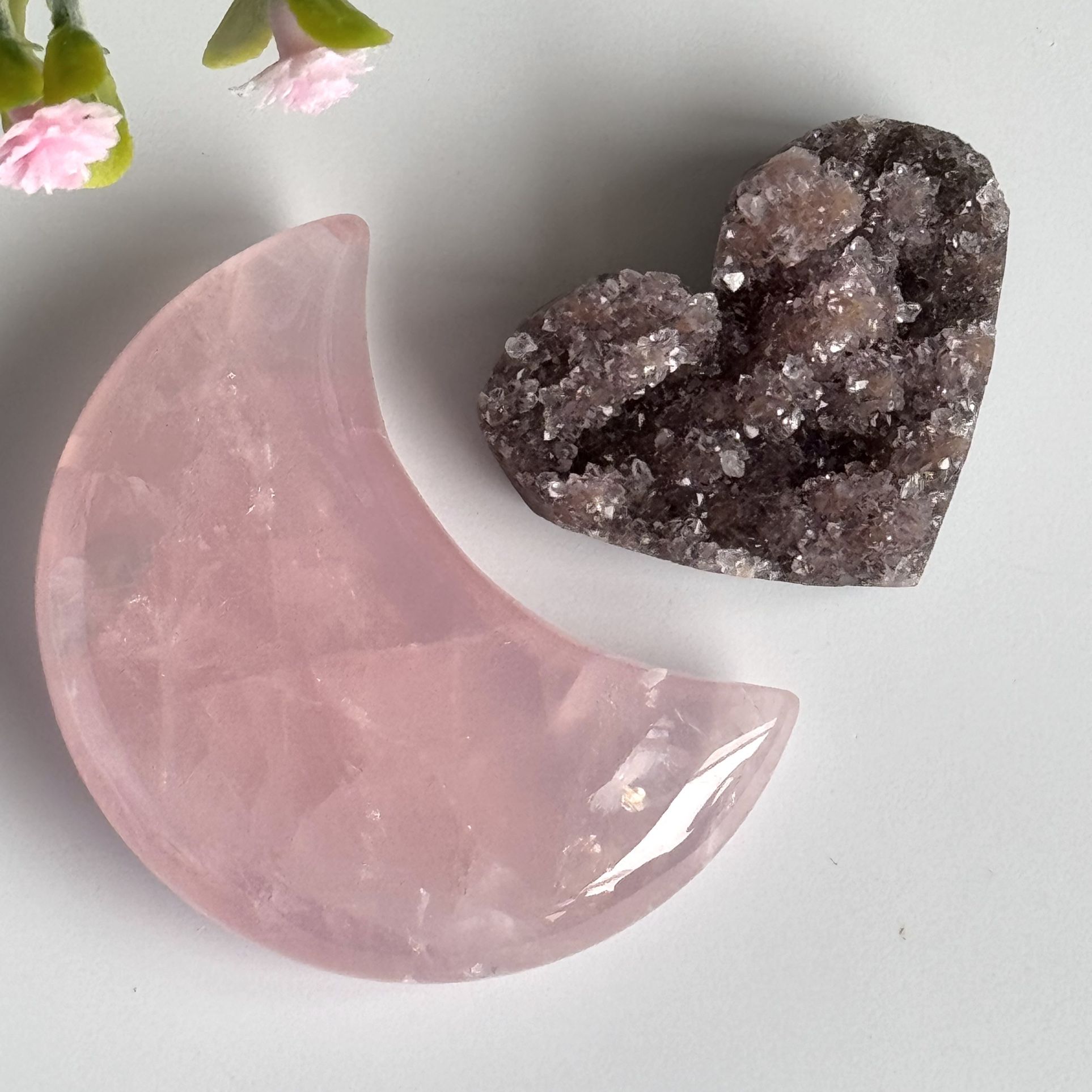 Rose Quartz Moon ๐ธ Natural Amethyst Heart
